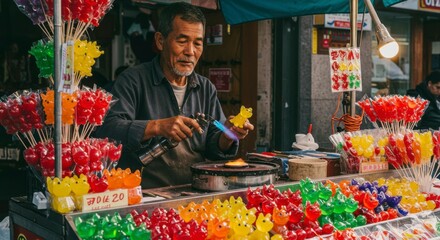Obraz premium Elderly vendor skillfully crafting colorful candy figures at a vibrant street market