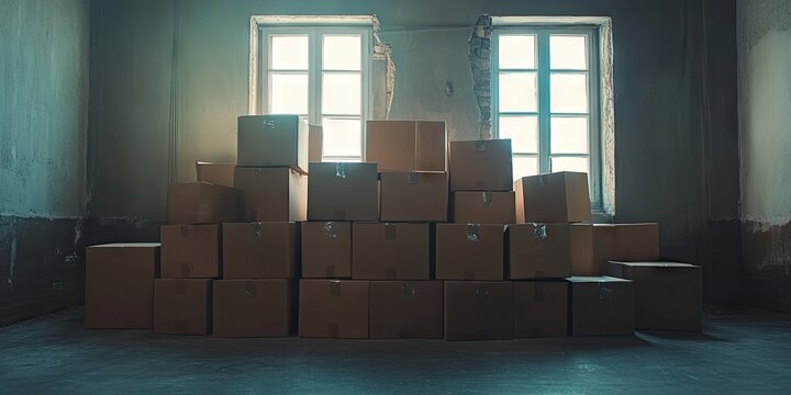 Piled cardboard boxes in a vacant room with pale walls and two windows, creating a sense of relocation and emptiness in soft natural light