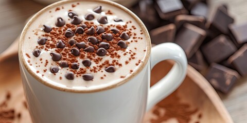 Creamy hot chocolate topped with cocoa powder and chocolate chips in a white mug, set against a wooden background with dark chocolate pieces.