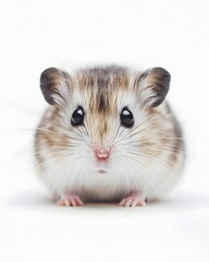 Close-up of a cute, fluffy hamster sitting on a white surface, showcasing its expressive eyes and whiskers