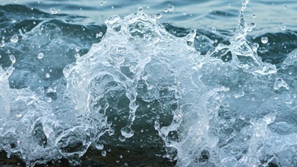 Fototapeta premium Close-up of ocean waves splashing, with droplets of water caught in motion against a backdrop of deep blue water.