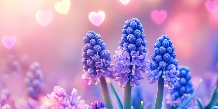 Blooming muscari grape hyacinth with vivid purple flowers on soft green stems against a pastel heart shaped bokeh background in gentle hues