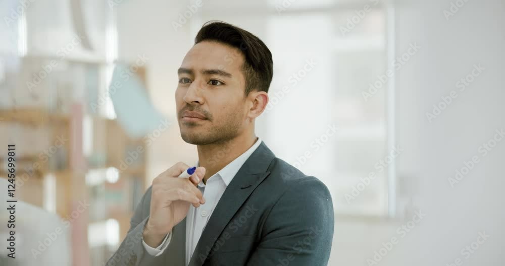 Aufkleber thinking, planning and glass with a business man in his office for problem solving or brainstorming.