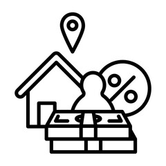 Residential tax image icon. There are pin, percentages, person and money around the residence.