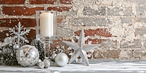 Festive winter holiday decor featuring a white candle in glass holder surrounded by silver ornaments snowflakes and rustic brick wall background