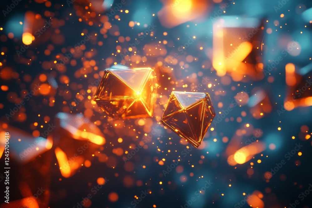 Poster abstract 3d composition of scattered polygons with glowing outlines., generative ai