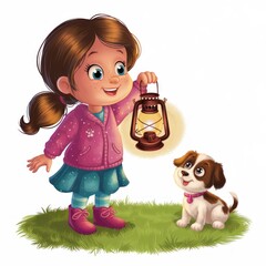 a little girl with a lantern, smiling at her puppy in a cartoon-style setting, with a background of grass. 