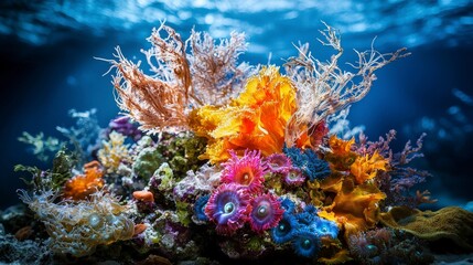Fototapeta premium Vibrant marine life flourishing among colorful coral in a stunning oceanic habitat underwater photography natural environment