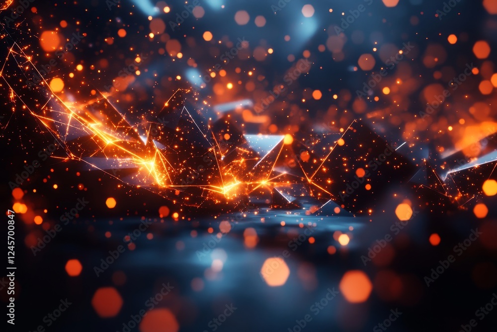 Poster abstract 3d composition of scattered polygons with glowing outlines., generative ai