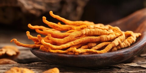 Dried orange cordyceps mushrooms arranged artistically on a wooden spoon against a rustic wood background. Earthy tones and natural textures.