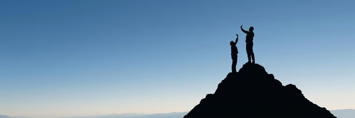 Silhouette of businessman standing triumphantly on mountain peak, symbolizing success and leadership, mountain, goal, successful