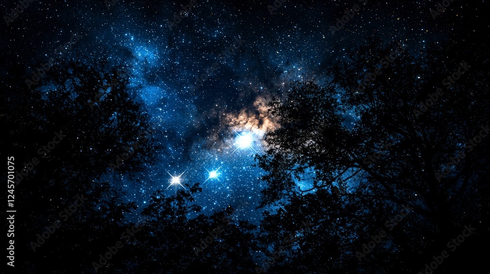 Aufkleber constellations shining brightly in the night sky under a canopy of trees cosmic wonder serene forest
