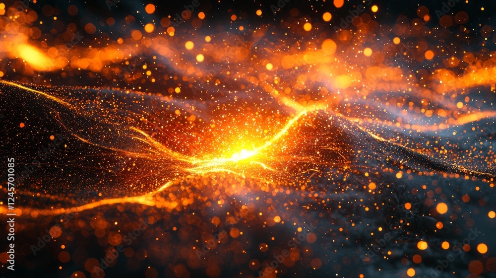 Poster a breathtaking display of luminous particles erupts in a captivating swirl of orange and gold, resem