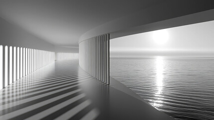 Modern Minimalist Architecture: A Serene Seascape View.  Clean lines, monochrome palette, and stunning ocean vista create a peaceful atmosphere in this contemporary architectural design.