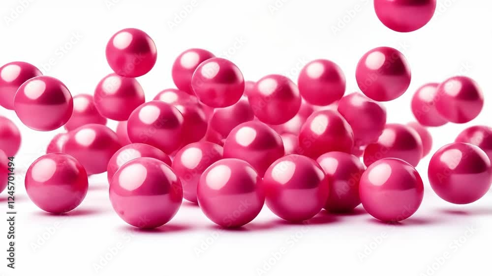 Poster vibrant pink spheres cascading and bouncing in dynamic motion