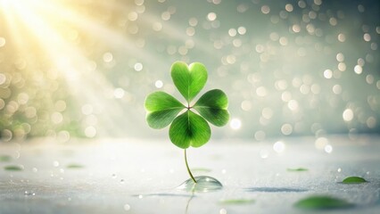 A Vibrant Green Clover Leaf Emerging from a Dewdrop, Basking in Sunlight Against a Sparkling Background
