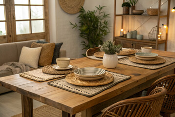 Textures Cozy Minimalism, A cozy dining area featuring a wooden table set with plates and cups, surrounded by natural decor and warm lighting.