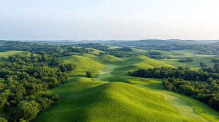 Obraz premium Aerial view of rolling green hills, golf course, summer landscape