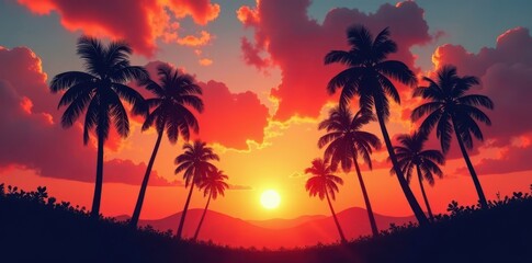 Silhouetted palm trees against vibrant summer sunset sky, exotic, rays, scene