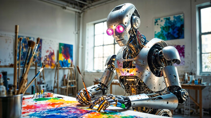 A robot artist painting a masterpiece in a bright art studio.