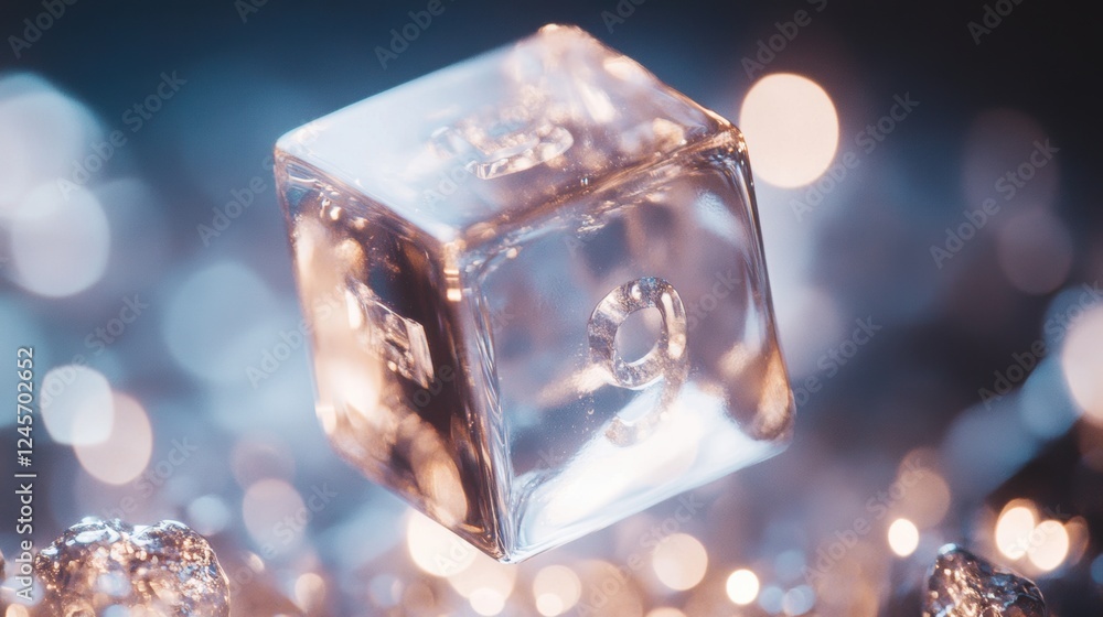 Poster floating cube made of glowing numbers and sacred geometric patterns hovers in a cosmic expanse with 