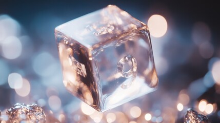 Floating cube made of glowing numbers and sacred geometric patterns hovers in a cosmic expanse with deep blue and violet nebula formations in the background