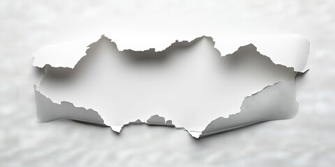 Torn white paper sheet on a textured light gray surface revealing the background below; soft shadows enhance the depth of the tear.
