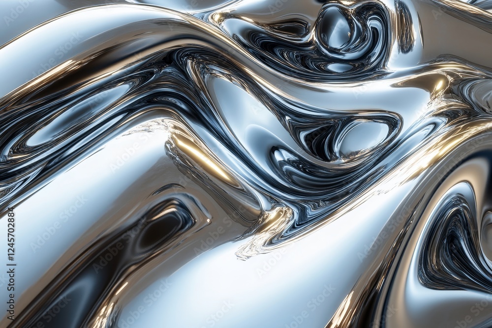 Poster abstract 3d rendering of liquid-like metal shapes. chaotic futuristic design., generative ai