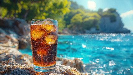 Soft drink commercials. A glass of soda with ice. A glass of whiskey on the rocks. A cocktail on the background of a tropical beach.