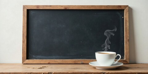 A steaming cup of coffee rests on a rustic wooden table beside an aged chalkboard, ready for your message.