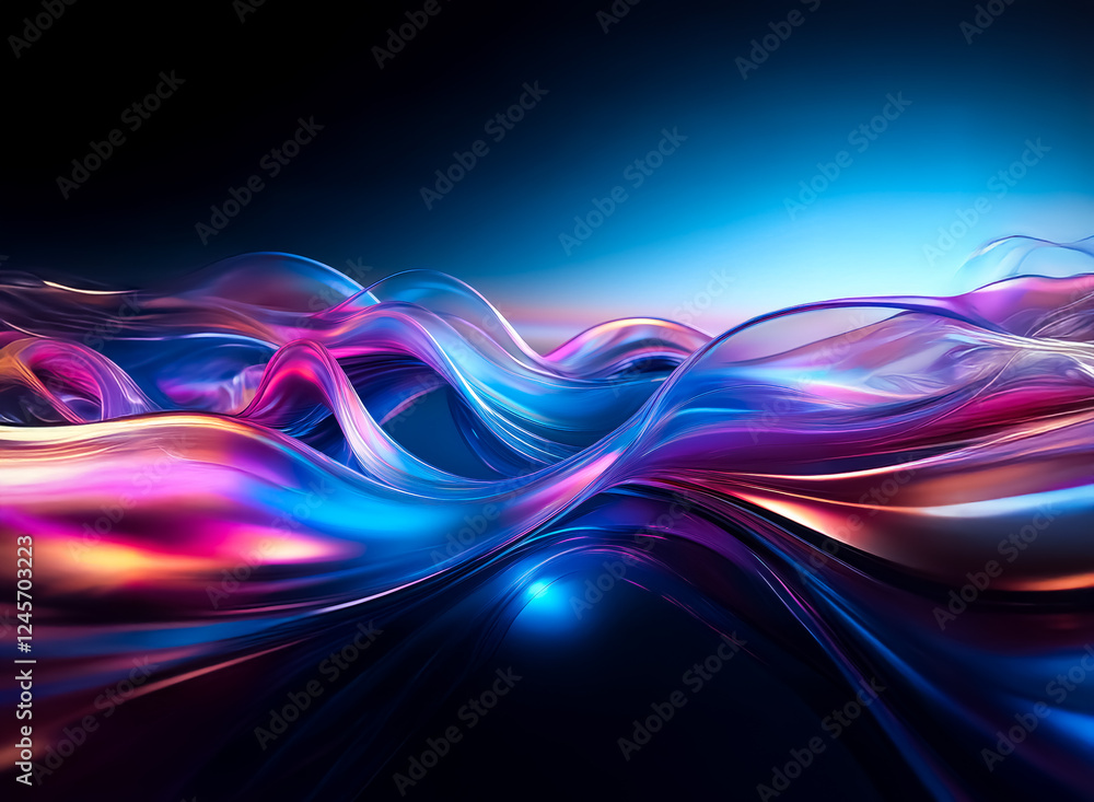 Poster abstract waves of vibrant colors smoothly undulate against a dark backdrop, creating a luminous and 