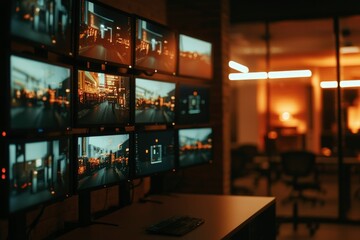 Multiple monitors display city street scenes at night