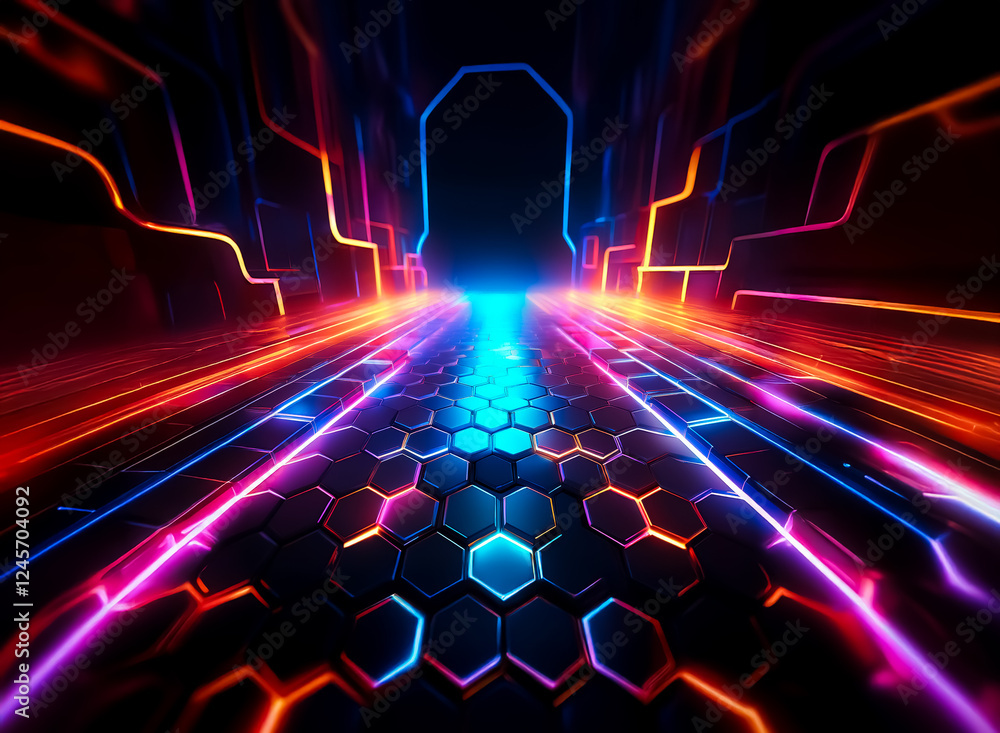 Aufkleber a vibrant futuristic tunnel with glowing neon lines and hexagonal floor tiles. a bright light at the
