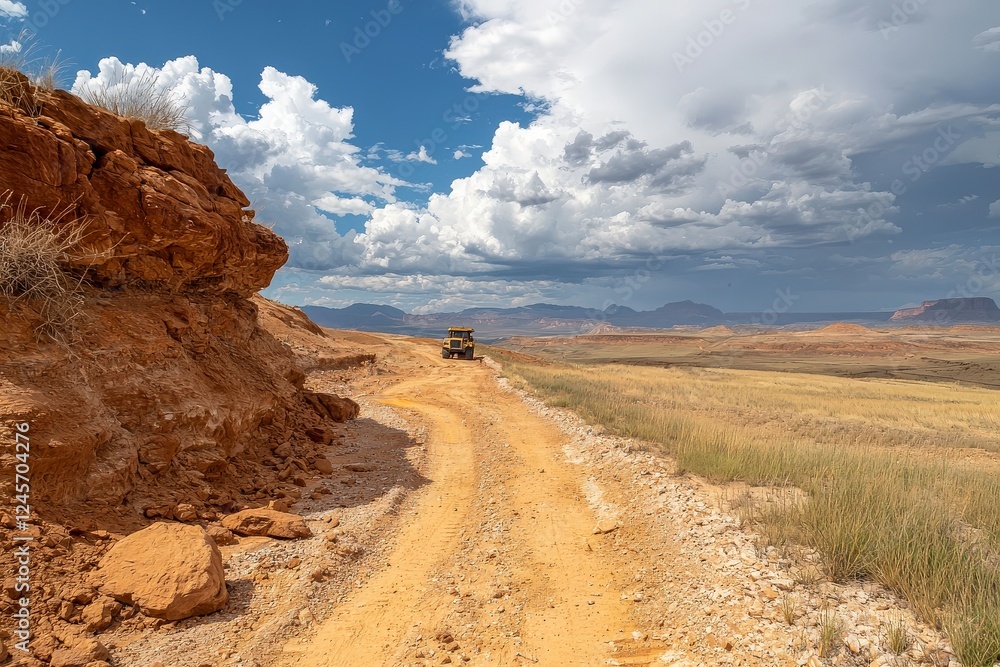Poster scenic desert road with cloudy sky and rugged terrain leading into distant mountains and open fields