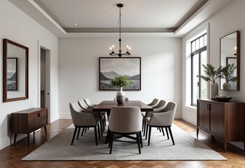 Transitional Dining Room: Wide Shot Showcasing Muted Gray Palette, Walnut Table, Velvet Fabrics, Framed Mirrors, and Dark Wood Floors for a Timeless, Elegant Design.

