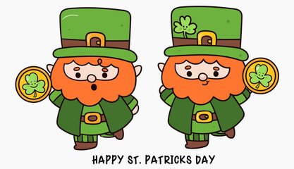 elf gnome st patricks day kawaii character with shamrock clover holding coin
