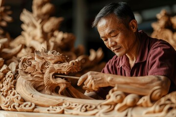 Obraz premium Artisan Carefully Carving Intricate Wooden Dragon Sculpture