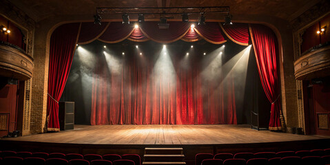 Theater stage, red velvet curtains, spotlights, wooden floorboards, ornate theater interior, dramatic lighting, empty stage, performance space, vintage theater ambiance, grand proscenium arch