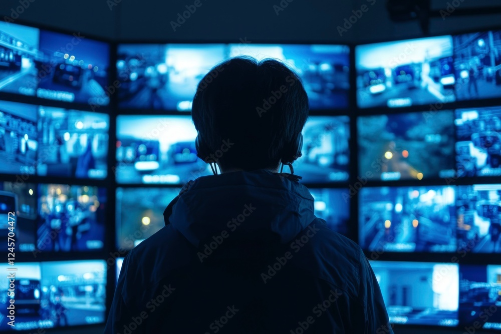 Poster security operator monitoring multiple surveillance screens