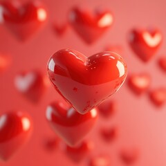 Cartoon style heart shaped objects floating in the air against a pink background