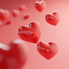 Cartoon style red hearts floating in the air on a pink background with a zen theme