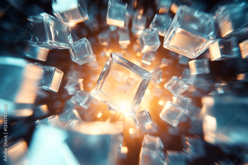 Poster abstract 3d rendering of sharp-edged pyramids in a chaotic floating arrangement., generative ai