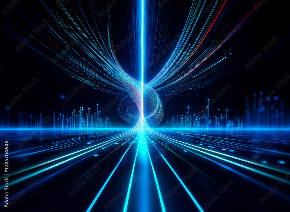 Poster abstract blue and red light streaks converge in a futuristic perspective, creating dynamic movement 
