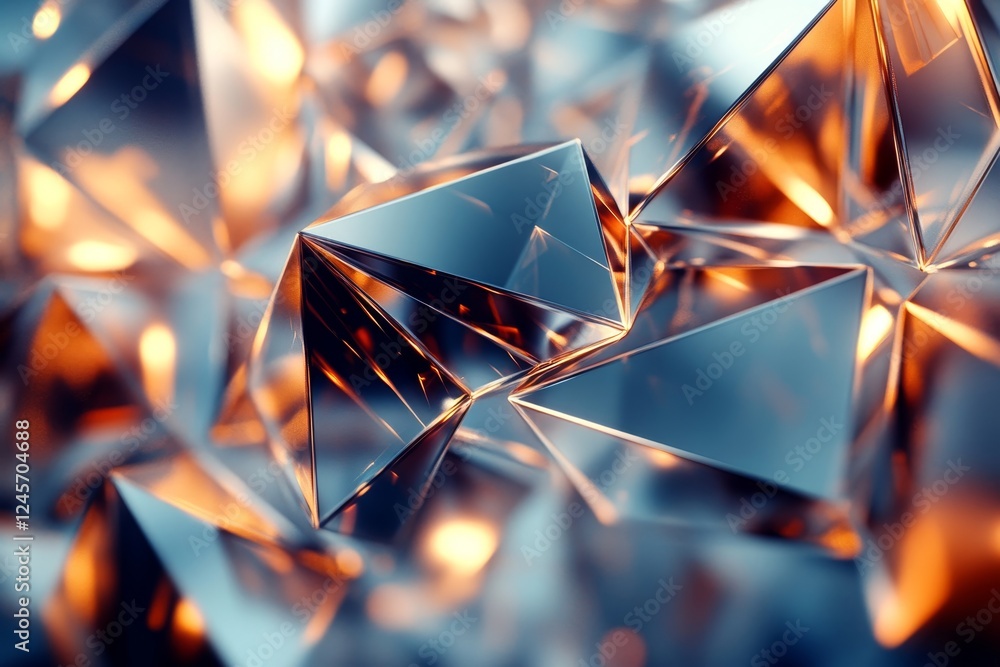 Poster abstract 3d composition of metallic pyramids in a chaotic structure. futuristic design for branding.
