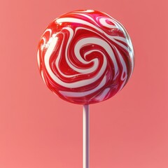 Cartoon-style red and white swirled lollipop on a plain background with vibrant colors and fun design