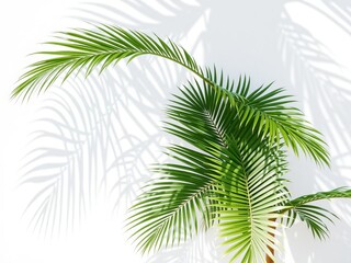 Fototapeta premium Tropical palm leaves casting shadows on a white wall, creating a beautiful and serene backdrop for a summer beach scene, palm leaves, beach, 3D render