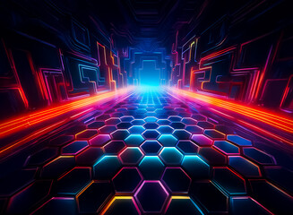 Futuristic tunnel with vibrant neon lights in red, blue, and orange illuminates a hexagonal floor, creating a digital, technological passage towards a bright end.