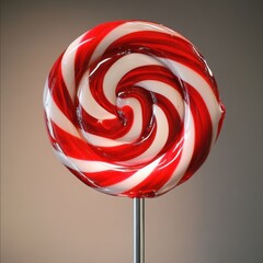 Cartoon style red and white swirled lollipop with a vibrant design on a plain background