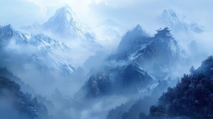 Obraz premium A tranquil and majestic setting of misty mountains, their snow-covered peaks barely visible through swirling fog, evoking a sense of solitude.