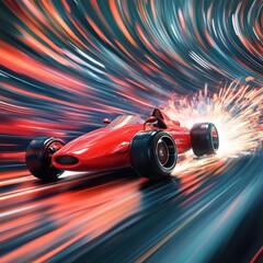 Red race car speeding through a tunnel in a cartoon-style illustration with dynamic motion effects